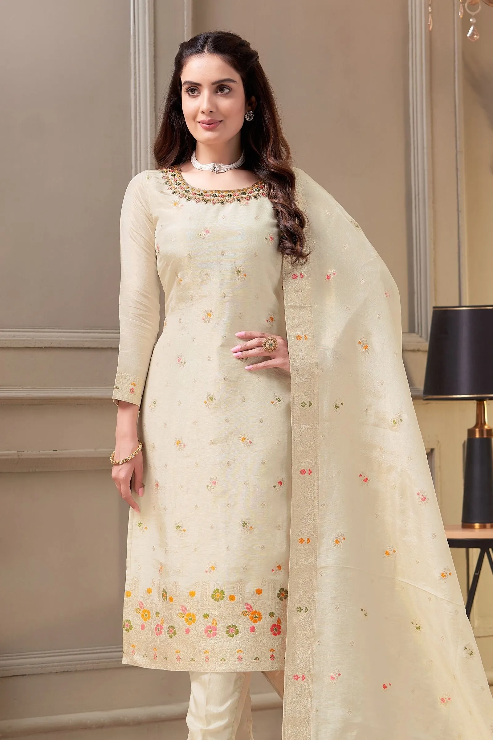 Cream Mirror, Thread and Stone work with Banaras Zari Weaving Straight Cut Salwar Suit