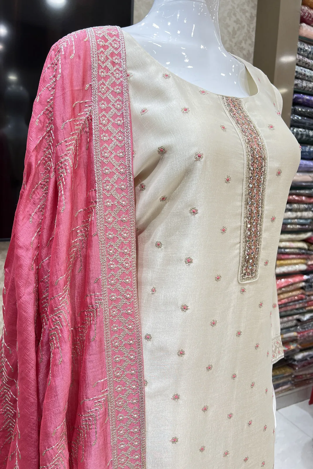 Cream Zari, Sequins, Mirror, Beads and Zardozi work Straight Cut Salwar Suit