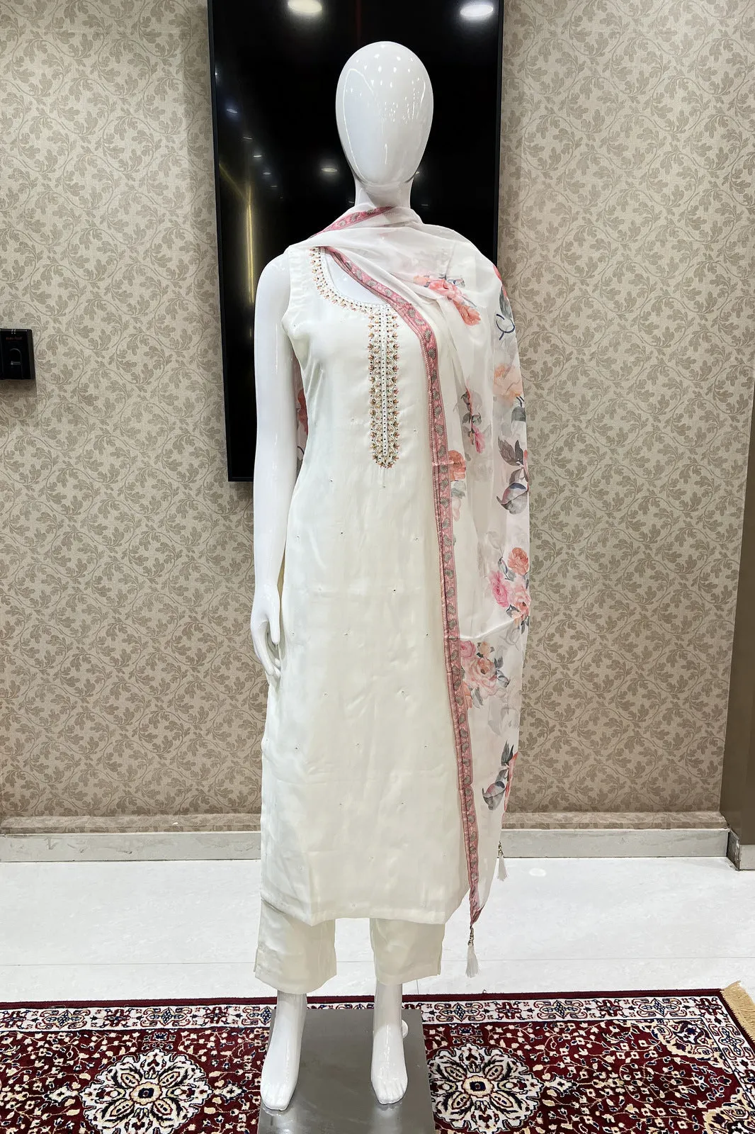 Cream Zari, Stone, Zardozi and Thread work Straight Cut Salwar Suit with Floral Print Dupatta