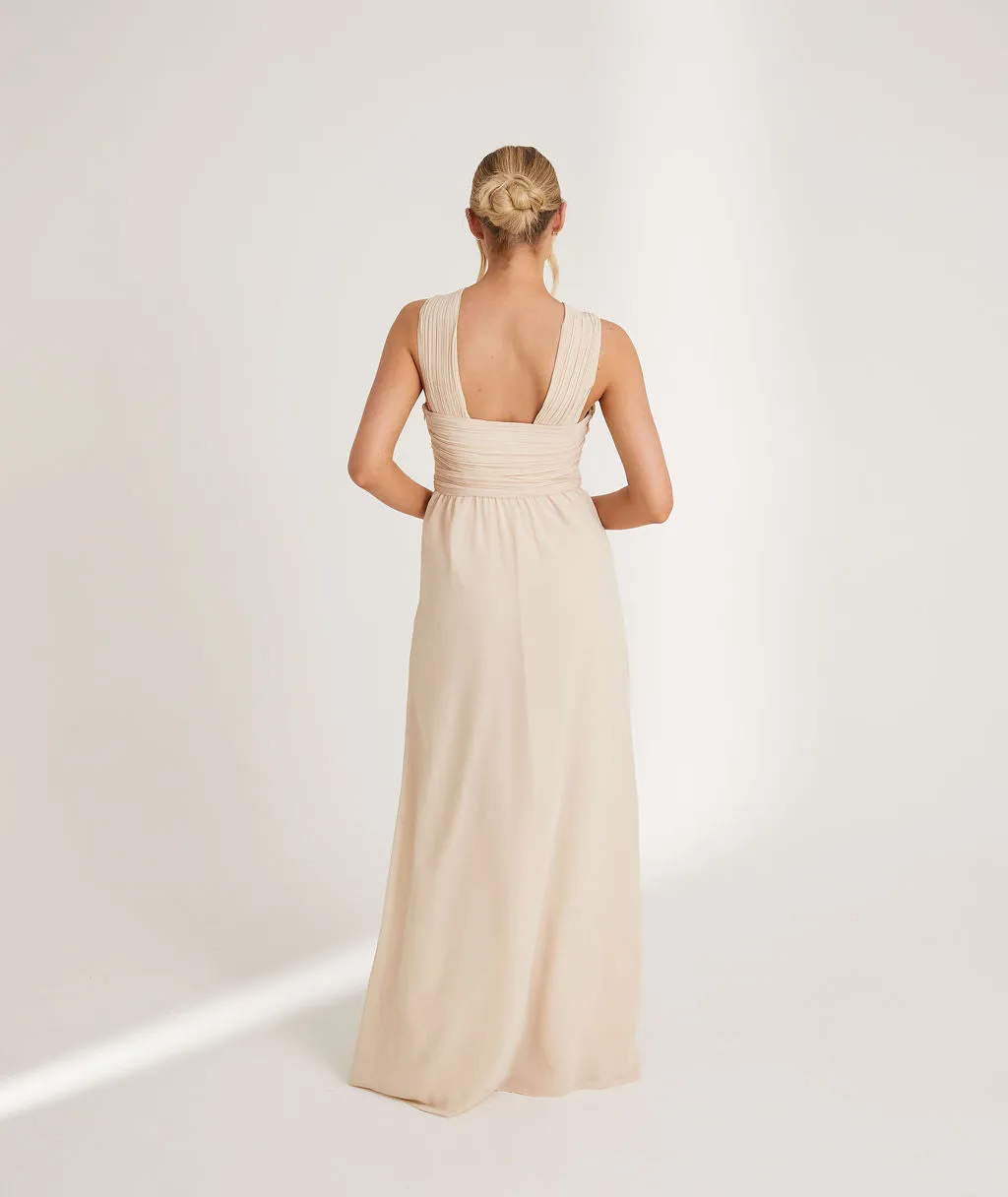 Cross Neck Pleated Waist Chiffon Bridesmaid Dress - Vintage Cream