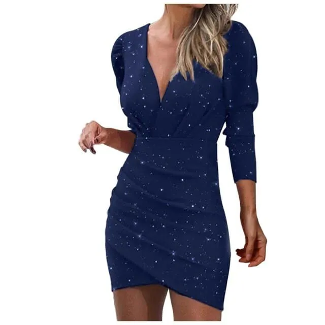 DressBetty - Sexy Silver Glitter Dress Women Deep V Neck Sequins Plunge Ruched Long Sleeve Bodycon Dress Slim Nightclub Mini Party Dress