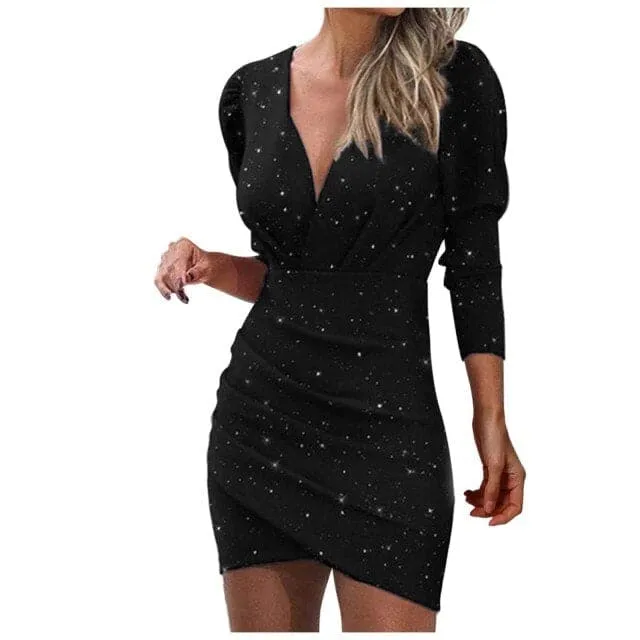 DressBetty - Sexy Silver Glitter Dress Women Deep V Neck Sequins Plunge Ruched Long Sleeve Bodycon Dress Slim Nightclub Mini Party Dress