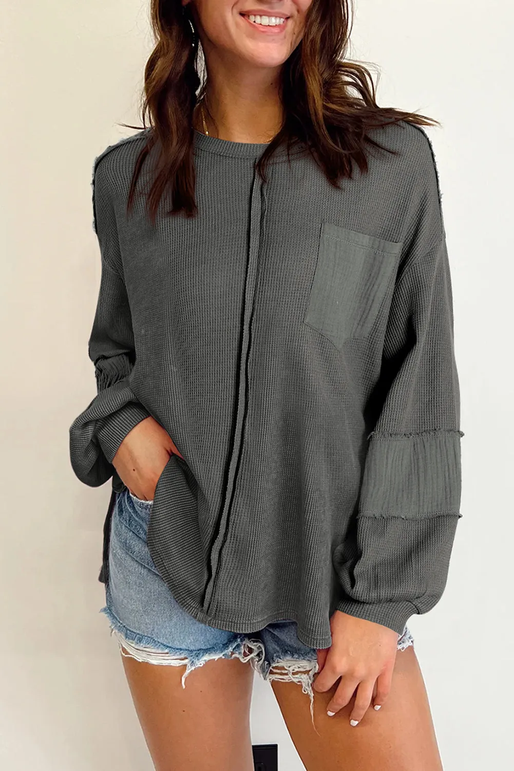 Exposed Seam Patchwork Bubble Sleeve Waffle Knit Top