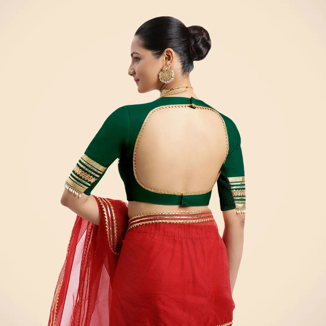 Farheen x Tyohaar | Bottle Green Embellished Elbow Sleeves FlexiFit™ Saree Blouse with Zero Neck with Back Cut-Out and Golden Gota Embellishment