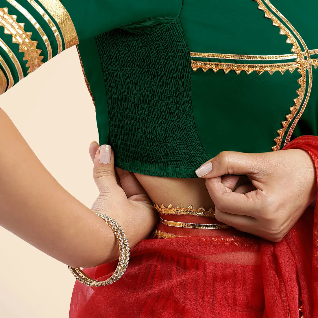 Farheen x Tyohaar | Bottle Green Embellished Elbow Sleeves FlexiFit™ Saree Blouse with Zero Neck with Back Cut-Out and Golden Gota Embellishment