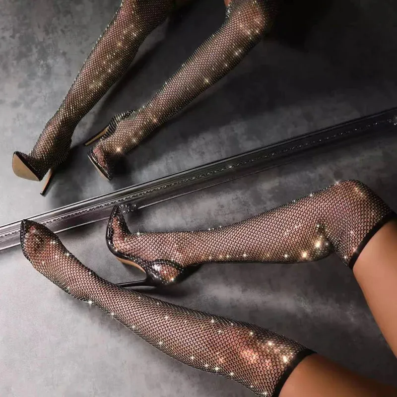 Fashionable  Rhinestone Fishnet Mesh Over-The-Knee Pointed Toe High Heel