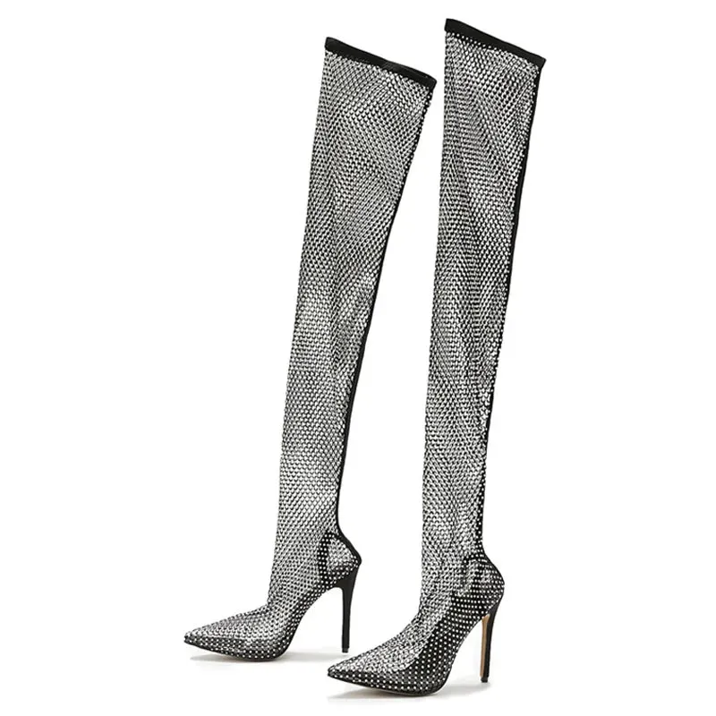 Fashionable  Rhinestone Fishnet Mesh Over-The-Knee Pointed Toe High Heel