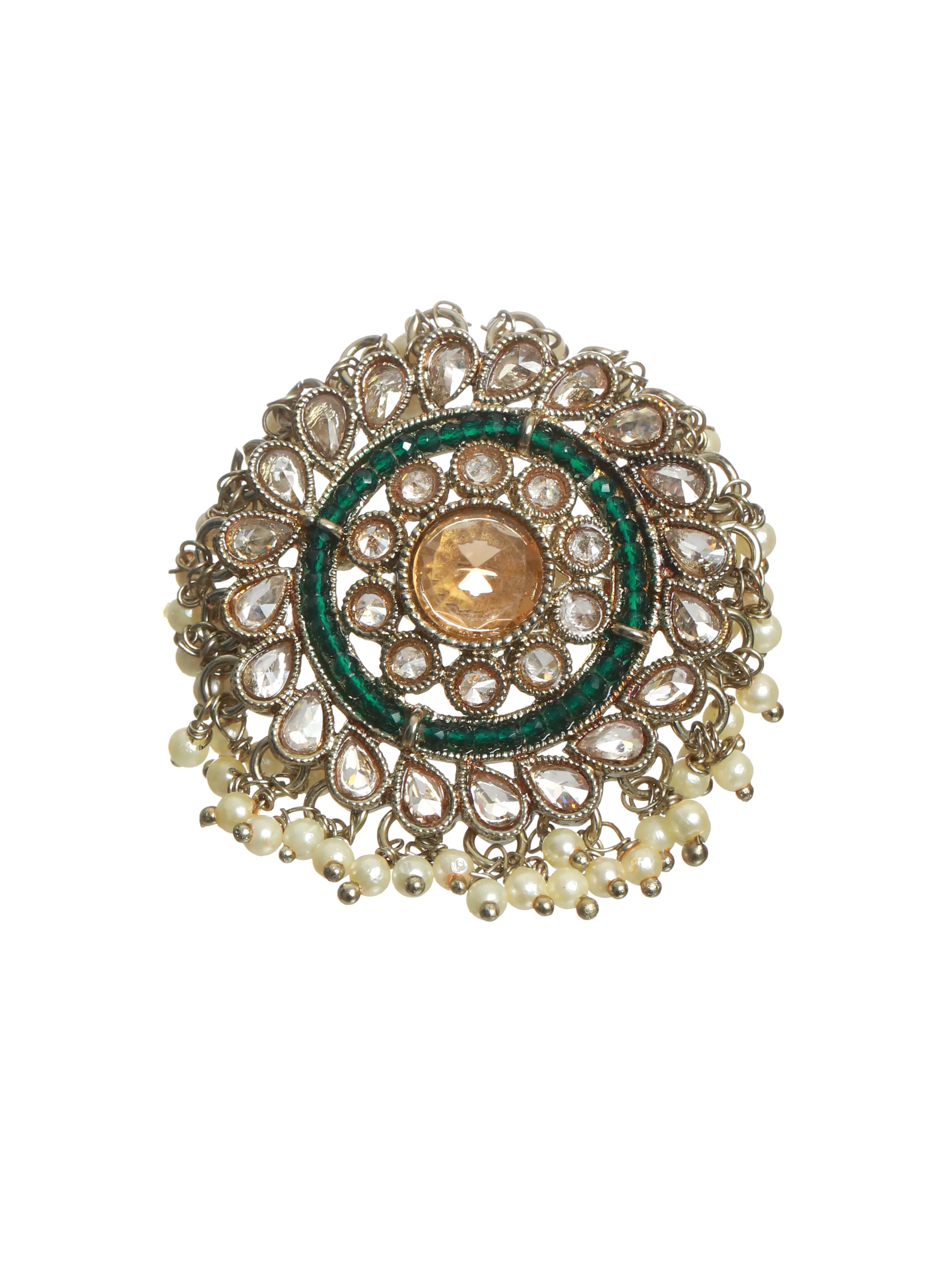 Gold-Plated Green & White Kundan-Studded & Beaded Adjustable Finger Ring