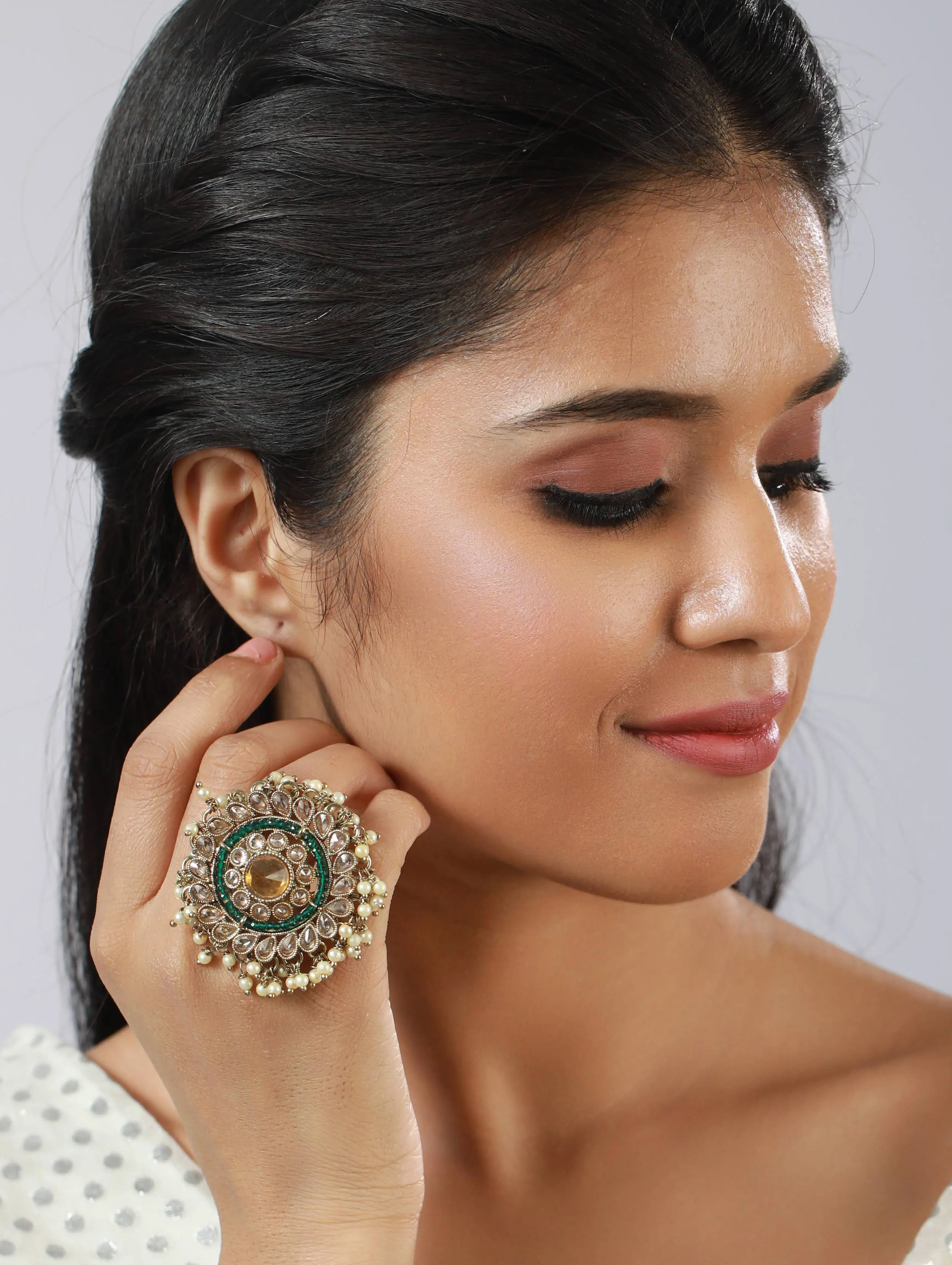 Gold-Plated Green & White Kundan-Studded & Beaded Adjustable Finger Ring