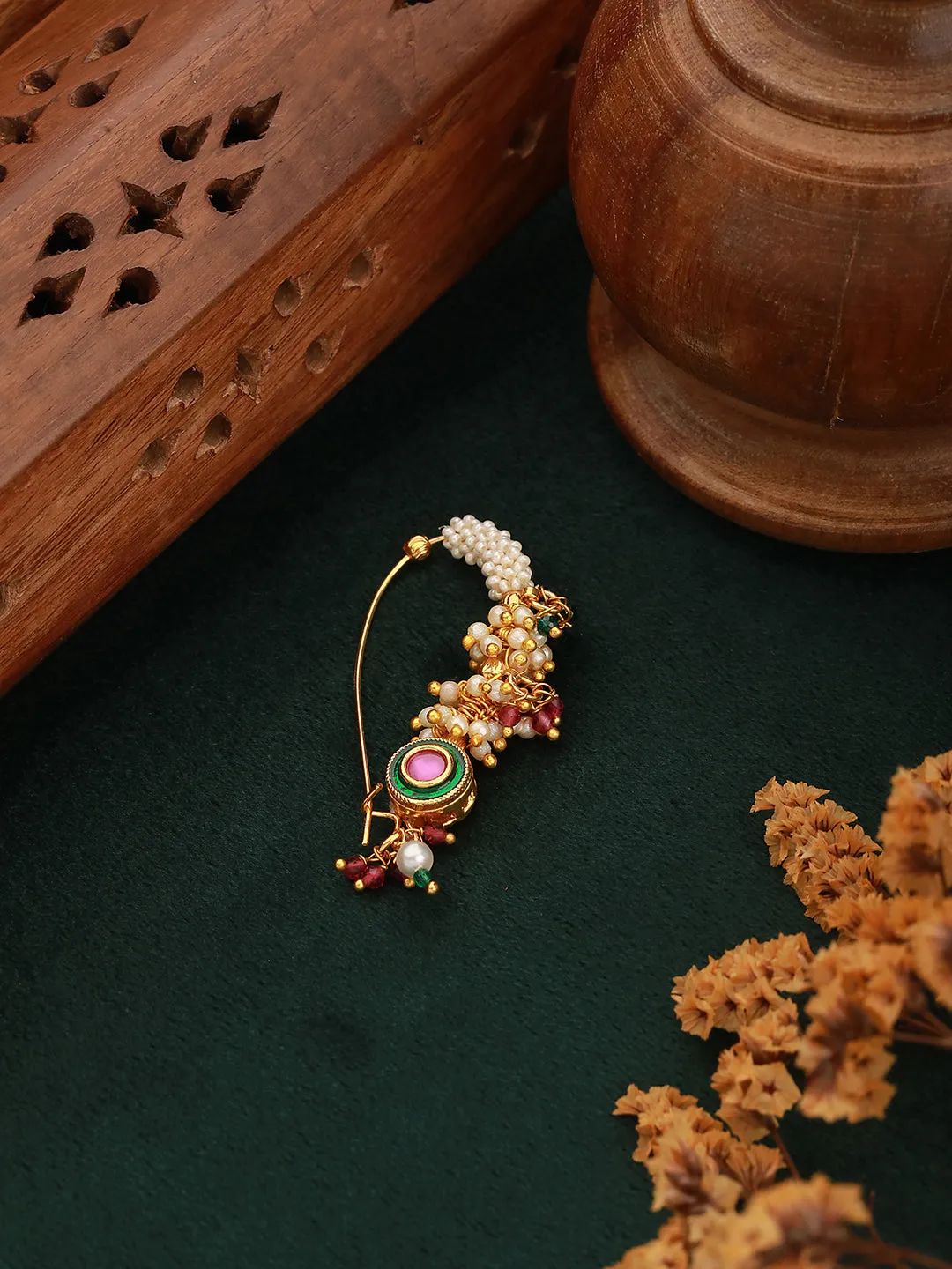 Gold-Plated Kundan-Studded & Artificial-Beaded Nosepin