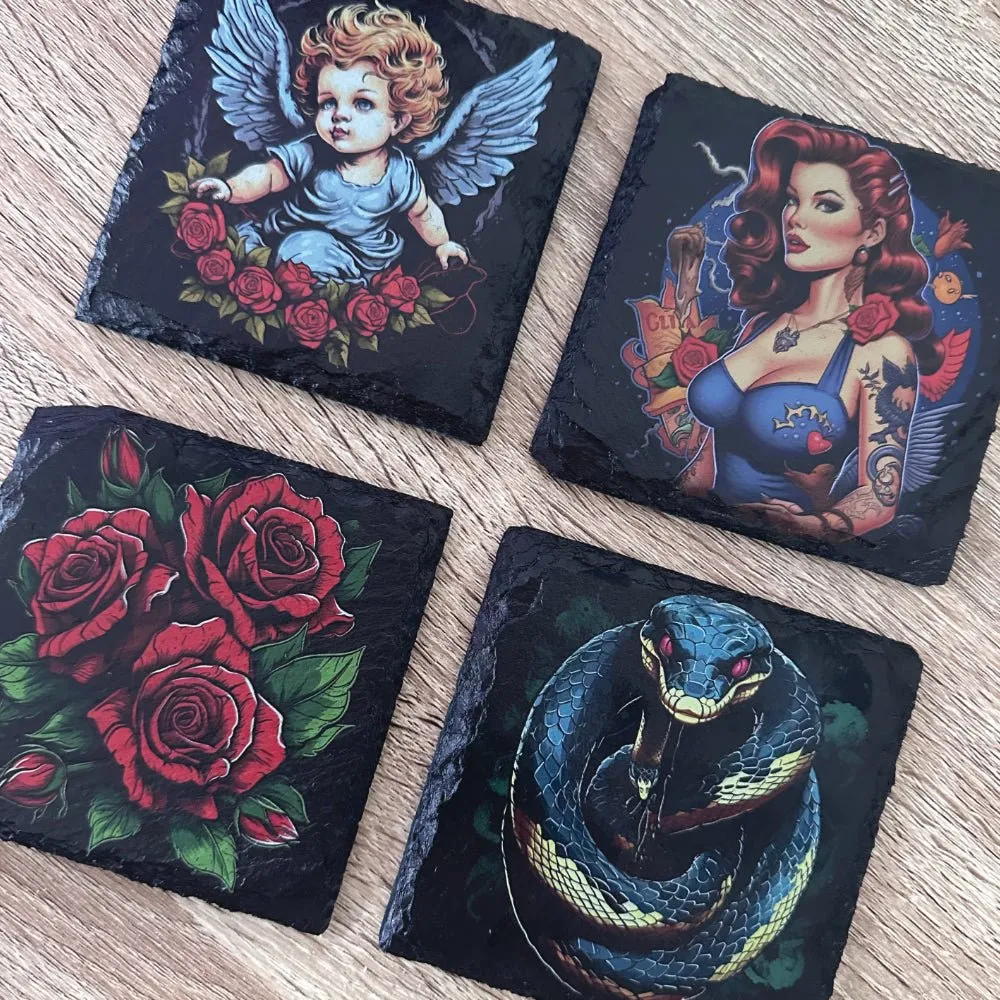 Gothic Tattoo Slate Coasters - Roses