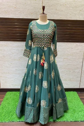 Green Golden Print, Mirror and Thread work Overcoat Style Anarkali Suit