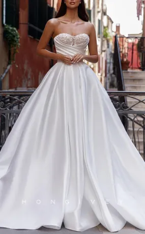 H1235 - Sexy Satin A-Line Sweetheart Strapless Sleeveless Empire Beaded Ruched With Train Wedding Dress