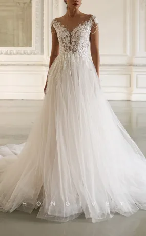 H1300 - Sexy Tulle A-Line Scoop Cap Sleeves Illusion Empire Beaded Appliques With Train Wedding Drerss