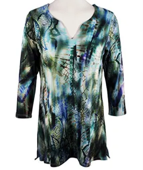 Impulse California - Olive Sky, 3/4 Sleeve, Split V-Neck, Abstract Pattern Tunic Top