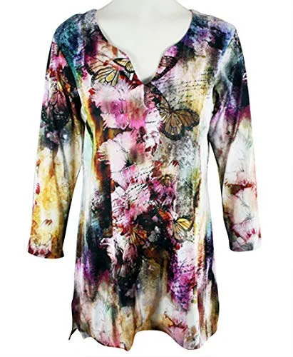 Impulse California - Pink Lilly, 3/4 Sleeve, Split V-Neck, Floral Pattern Tunic Top