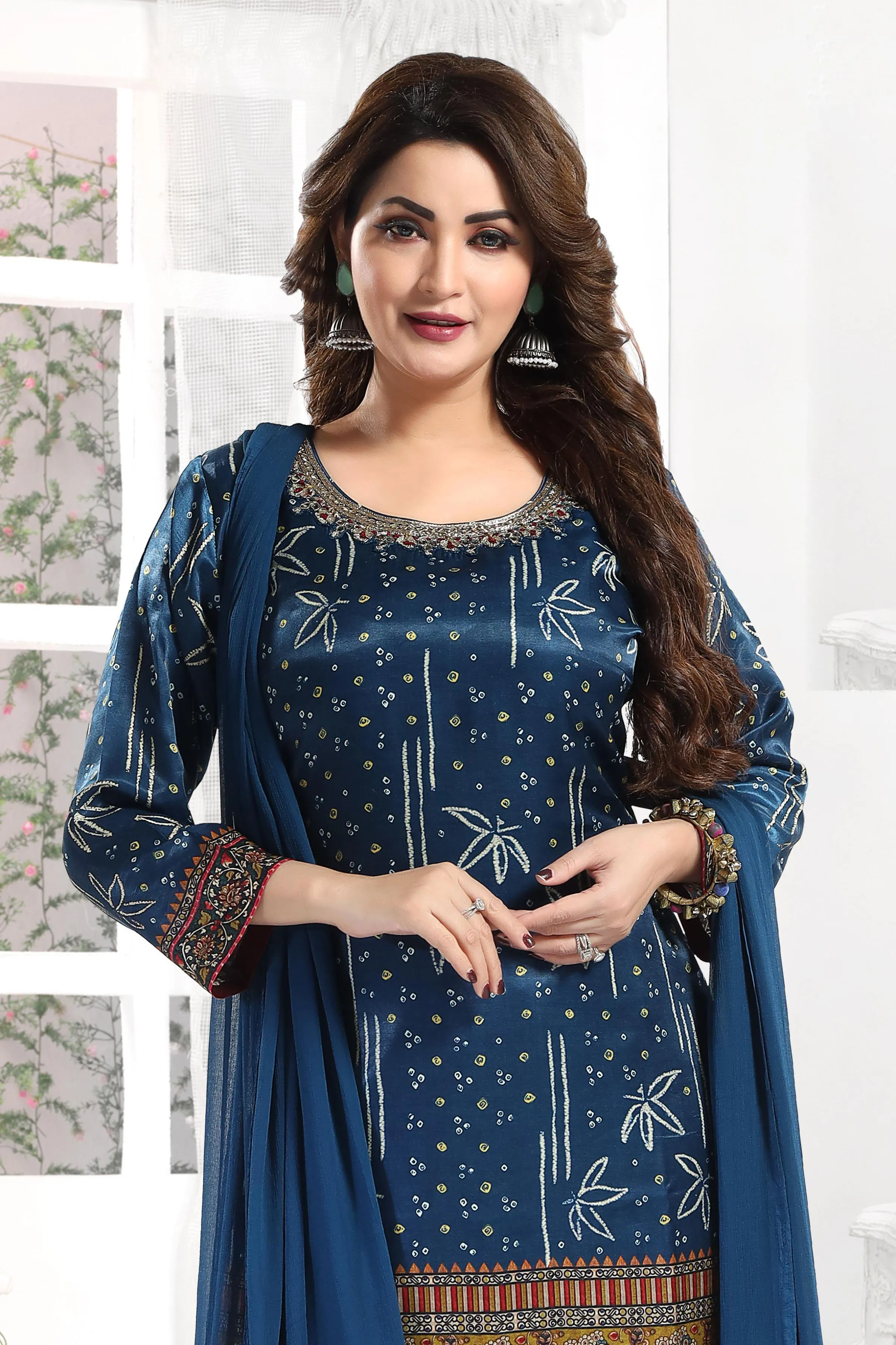 Indigo Blue Mirror and Thread work with Digital Print Straight Cut Salwar Suit