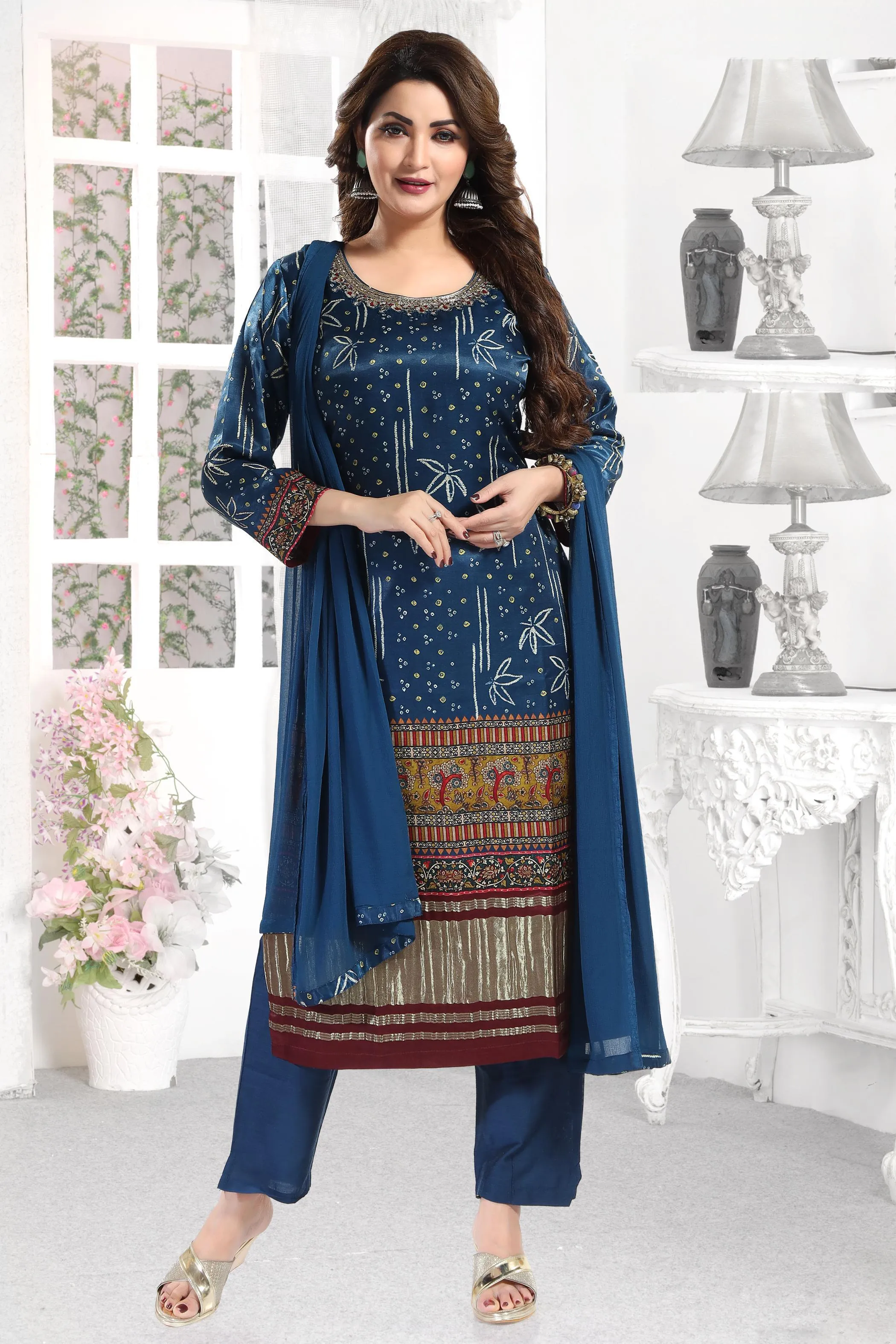 Indigo Blue Mirror and Thread work with Digital Print Straight Cut Salwar Suit