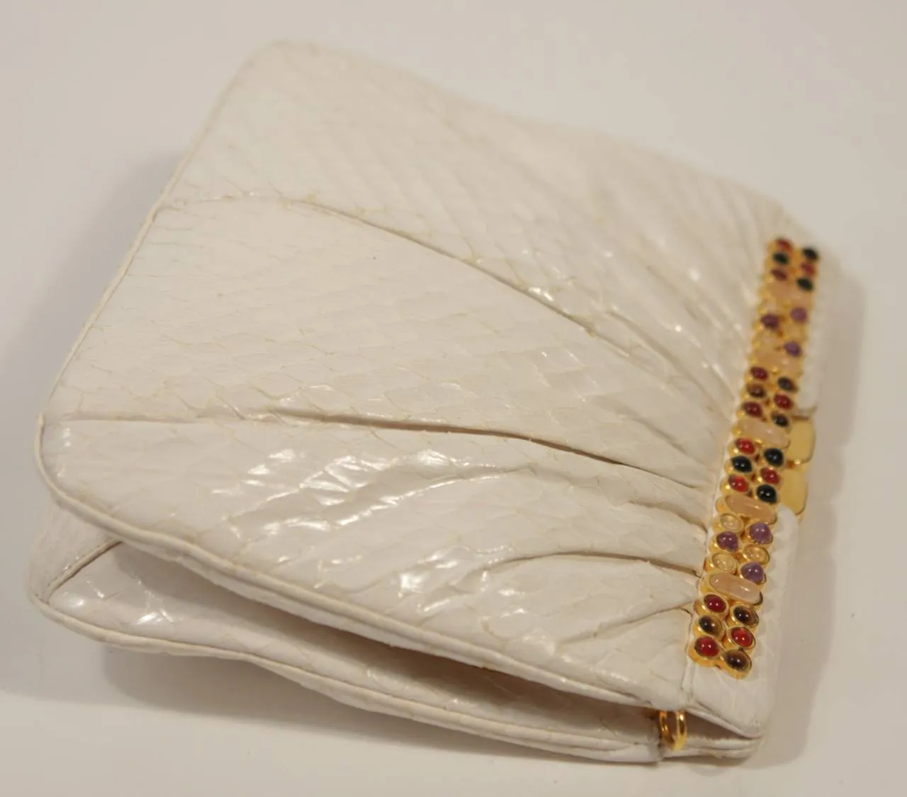 JUDITH LEIBER Cream Snakeskin Clutch with Multi-Stone Gold Frame