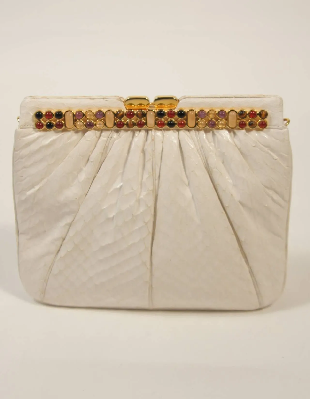 JUDITH LEIBER Cream Snakeskin Clutch with Multi-Stone Gold Frame