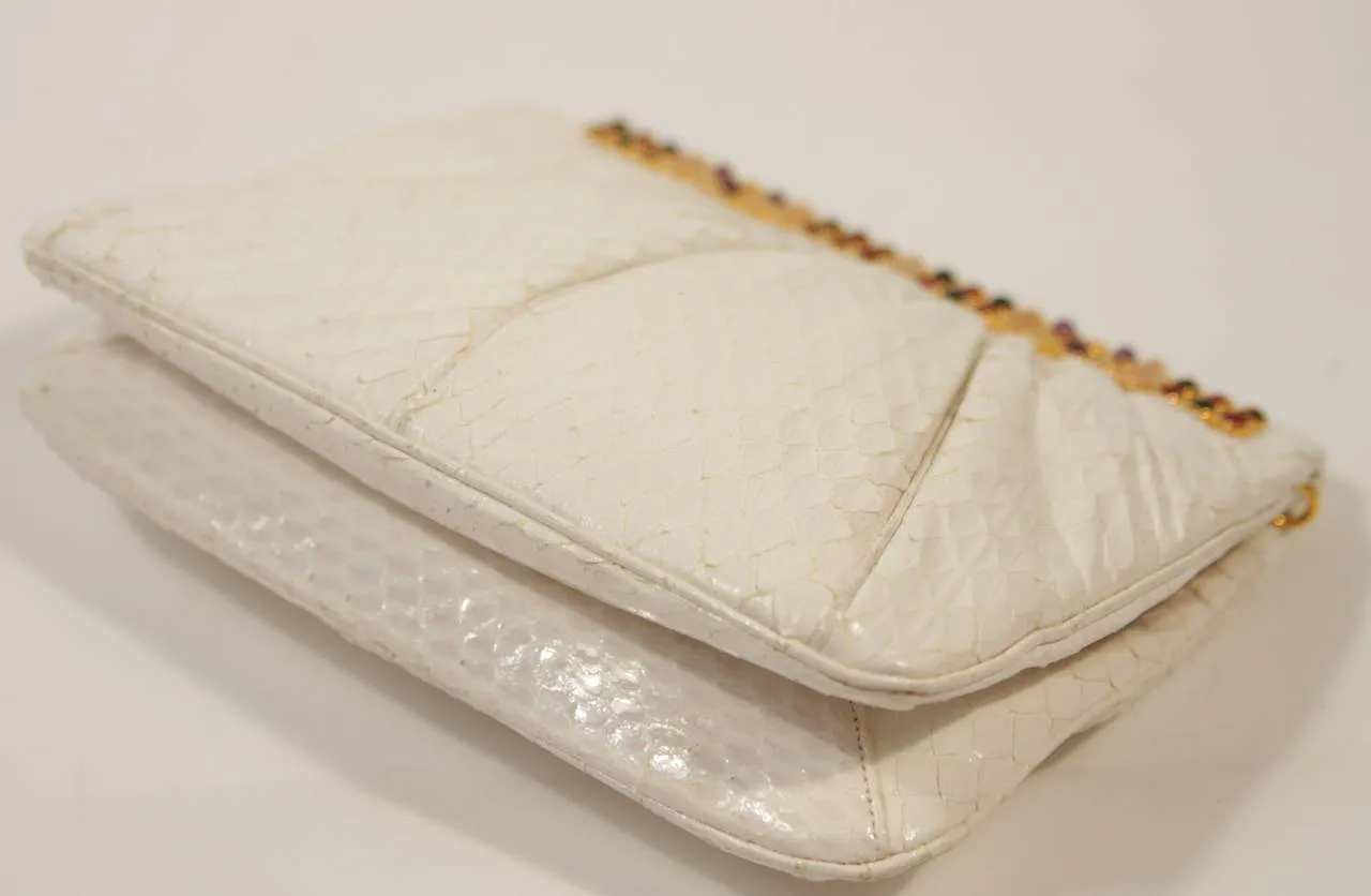 JUDITH LEIBER Cream Snakeskin Clutch with Multi-Stone Gold Frame