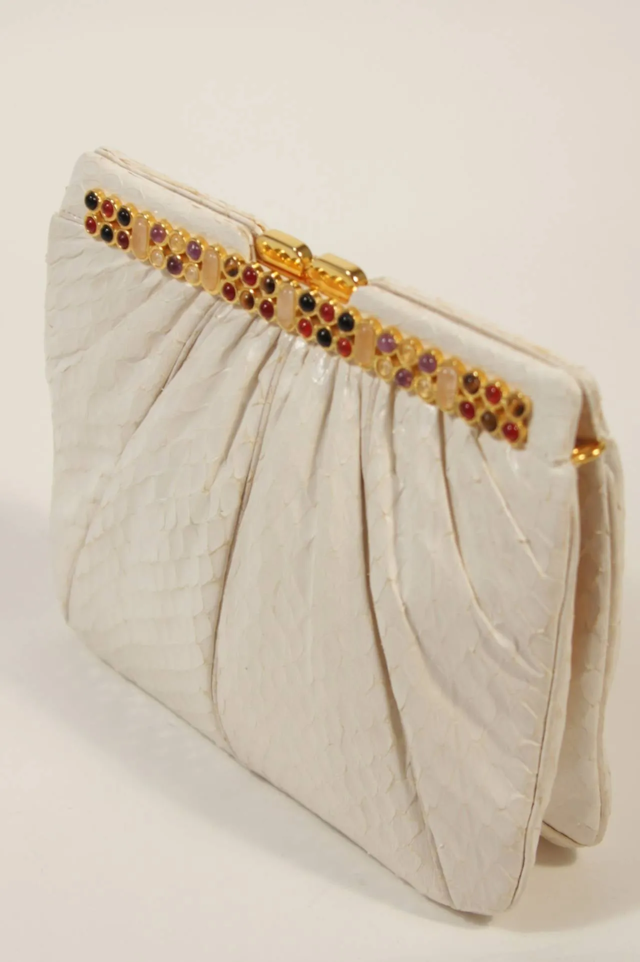 JUDITH LEIBER Cream Snakeskin Clutch with Multi-Stone Gold Frame