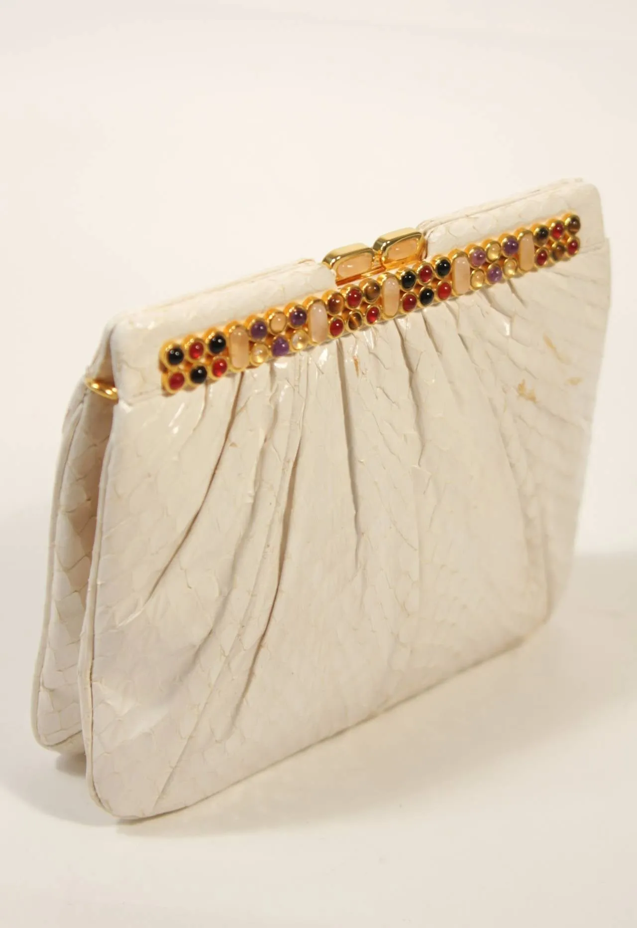 JUDITH LEIBER Cream Snakeskin Clutch with Multi-Stone Gold Frame