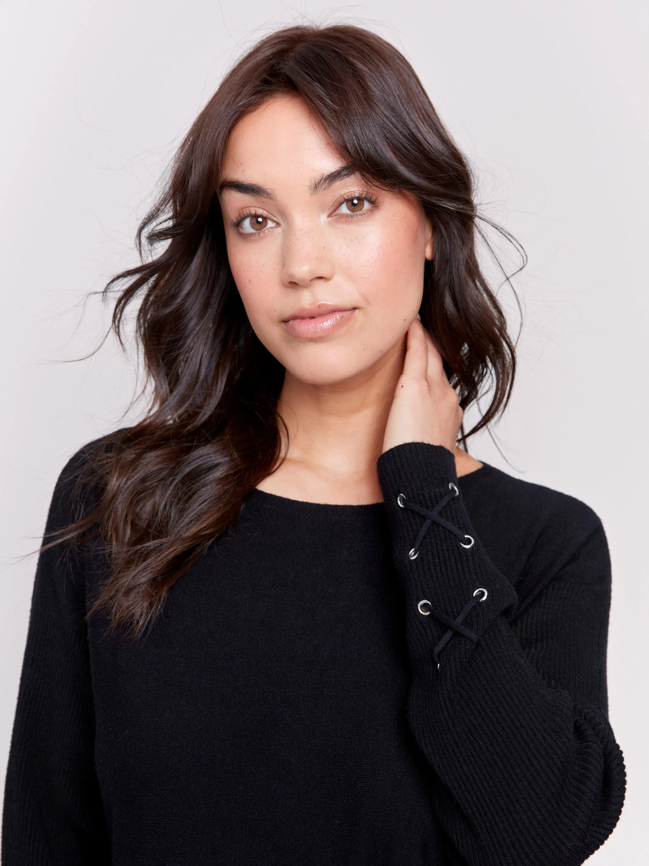 Knit Sweater with Lace-Up Cuffs - Black