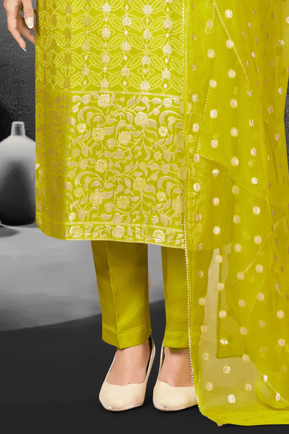 Lemon Green Bandini Print, Pearl, Beads, Banaras and Sequins work Straight Cut Salwar Suit