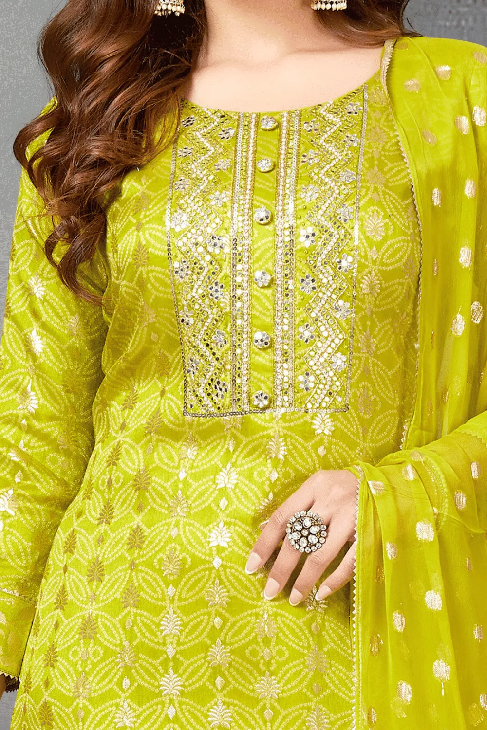 Lemon Green Bandini Print, Pearl, Beads, Banaras and Sequins work Straight Cut Salwar Suit