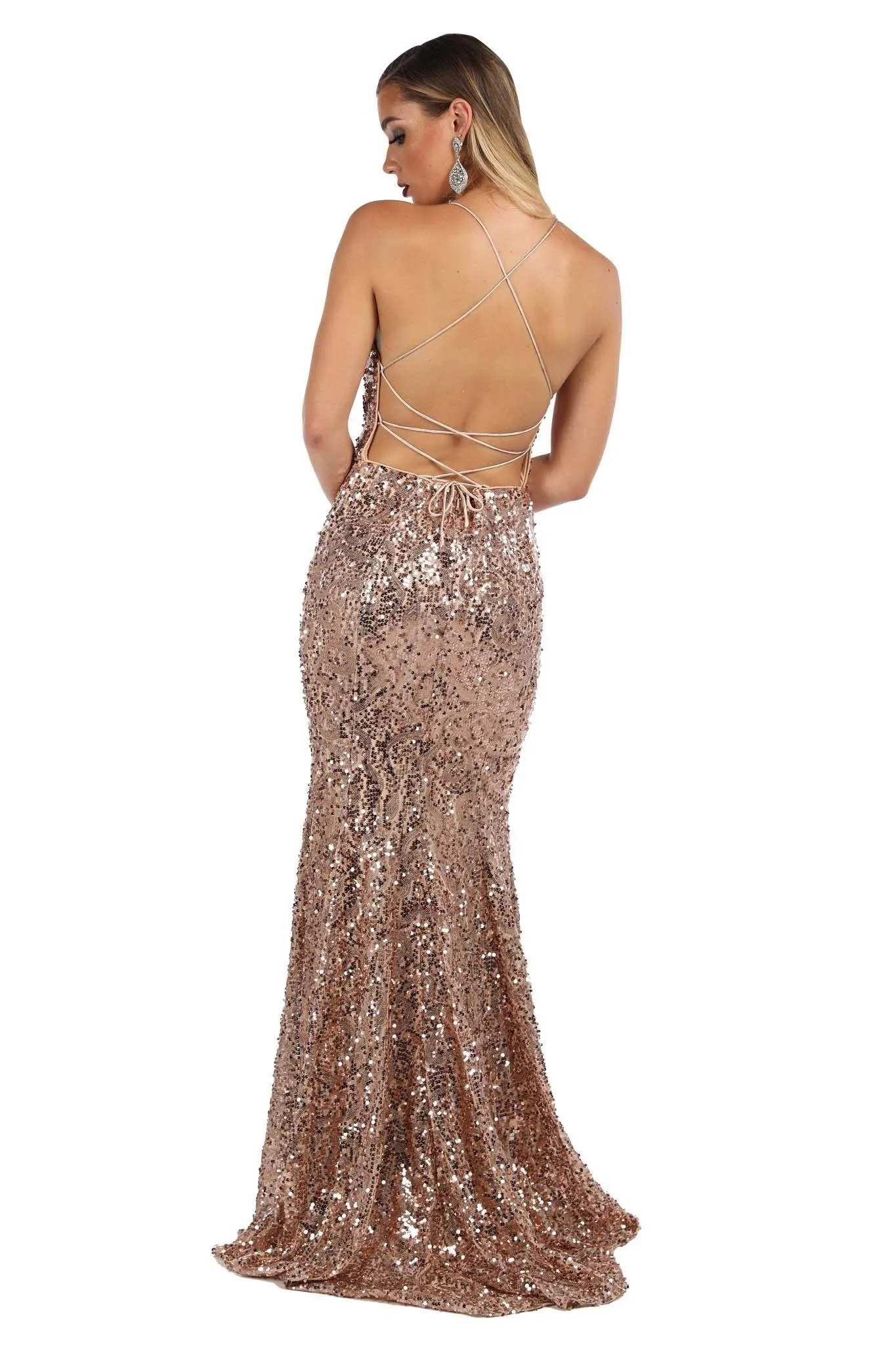 Leona Sequin Beaded Lace Up Gown - Rose Gold