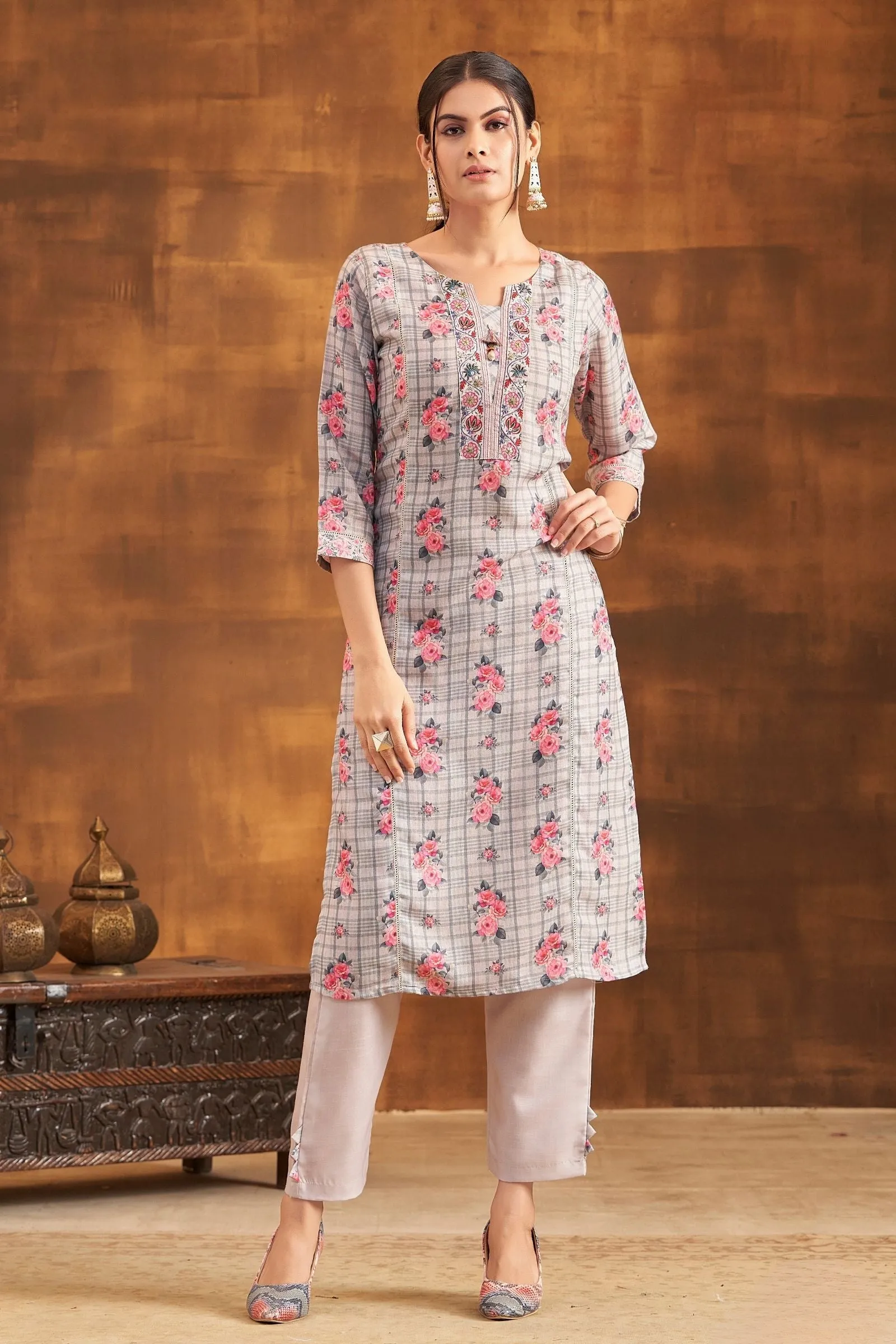 Light Grey Floral Print and Thread work Straight Cut Salwar Suit