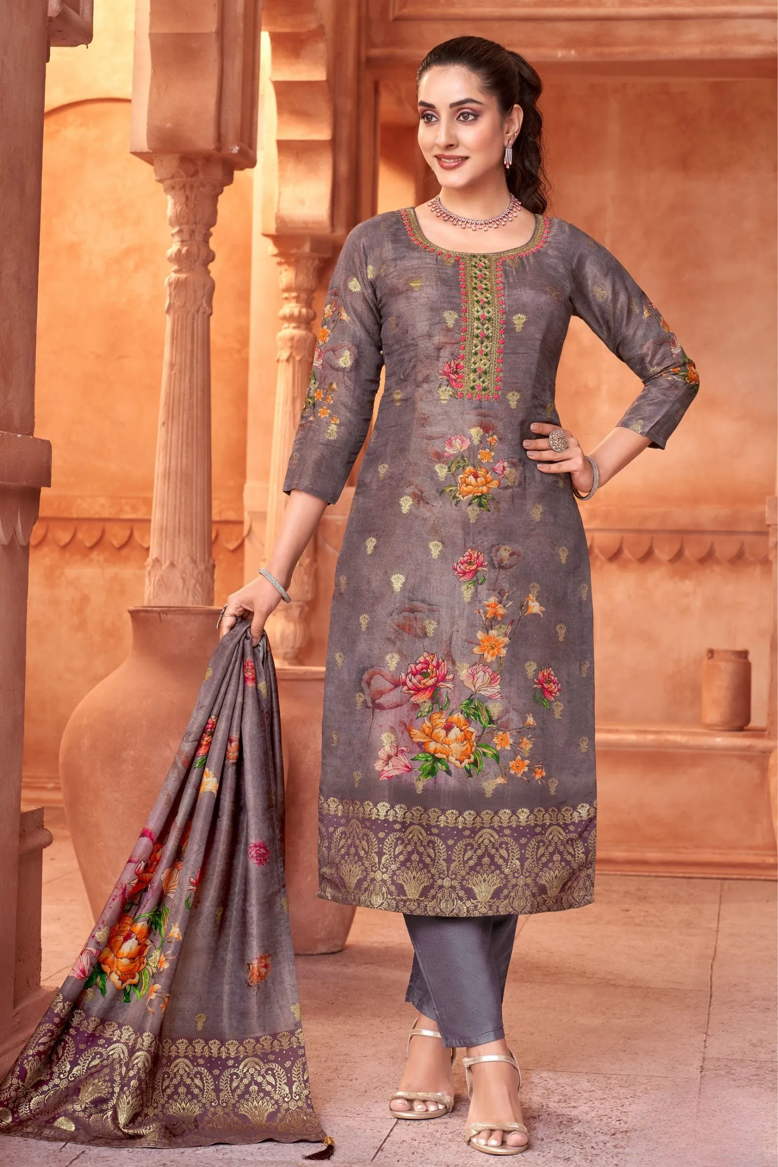 Lilac Banaras, Zardozi and Thread work with Floral Print Straight Cut Salwar Suit