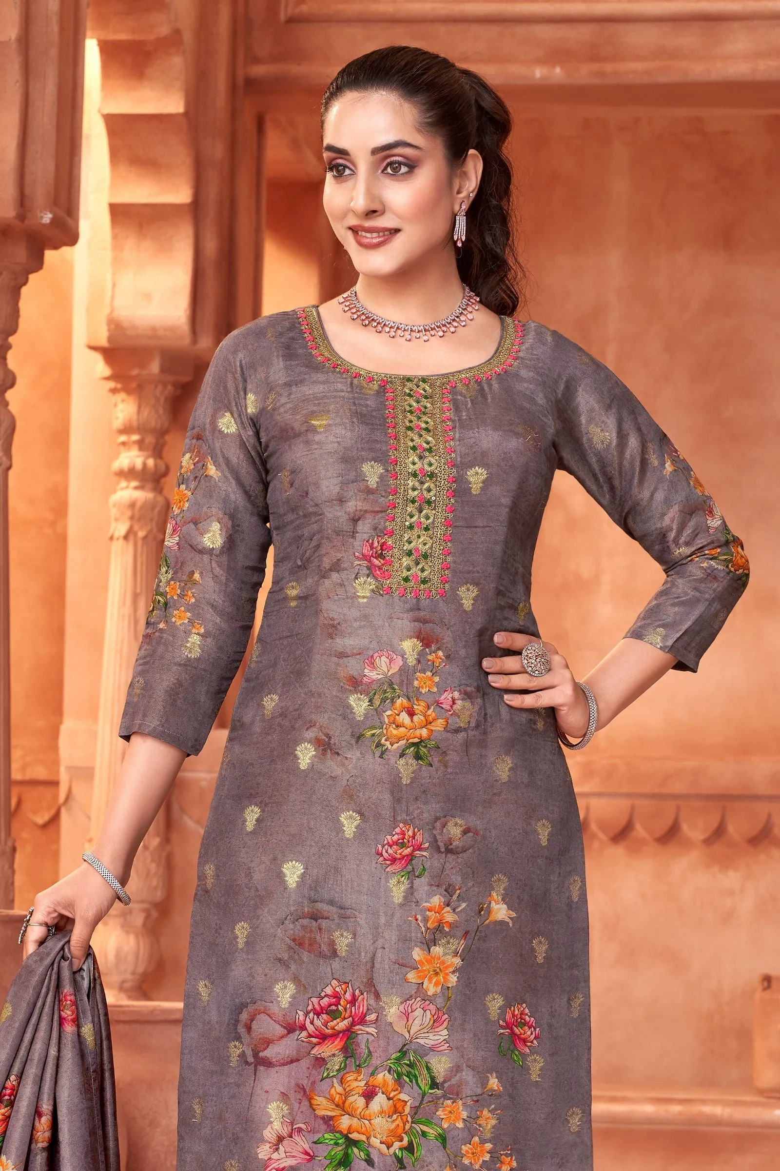 Lilac Banaras, Zardozi and Thread work with Floral Print Straight Cut Salwar Suit