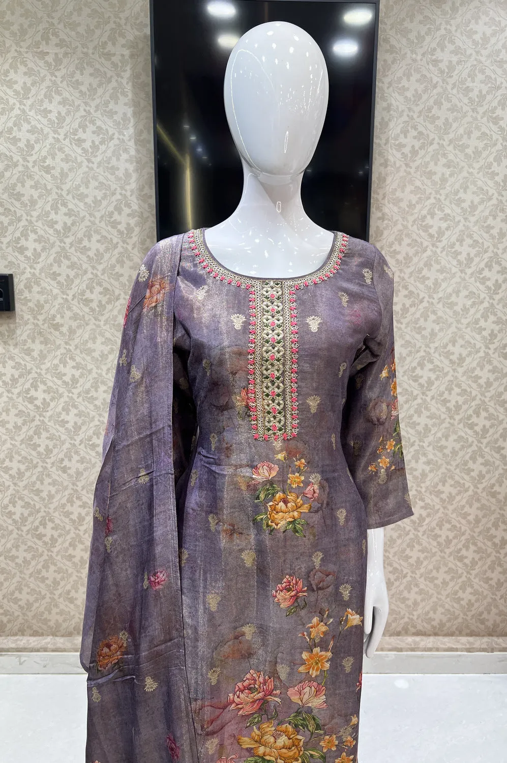 Lilac Banaras, Zardozi and Thread work with Floral Print Straight Cut Salwar Suit