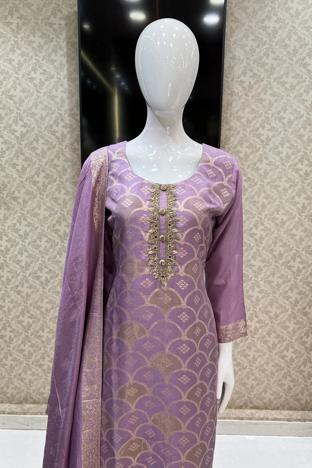 Lilac Zardozi, Mirror, Beads and Banaras work Straight Cut Salwar Suit