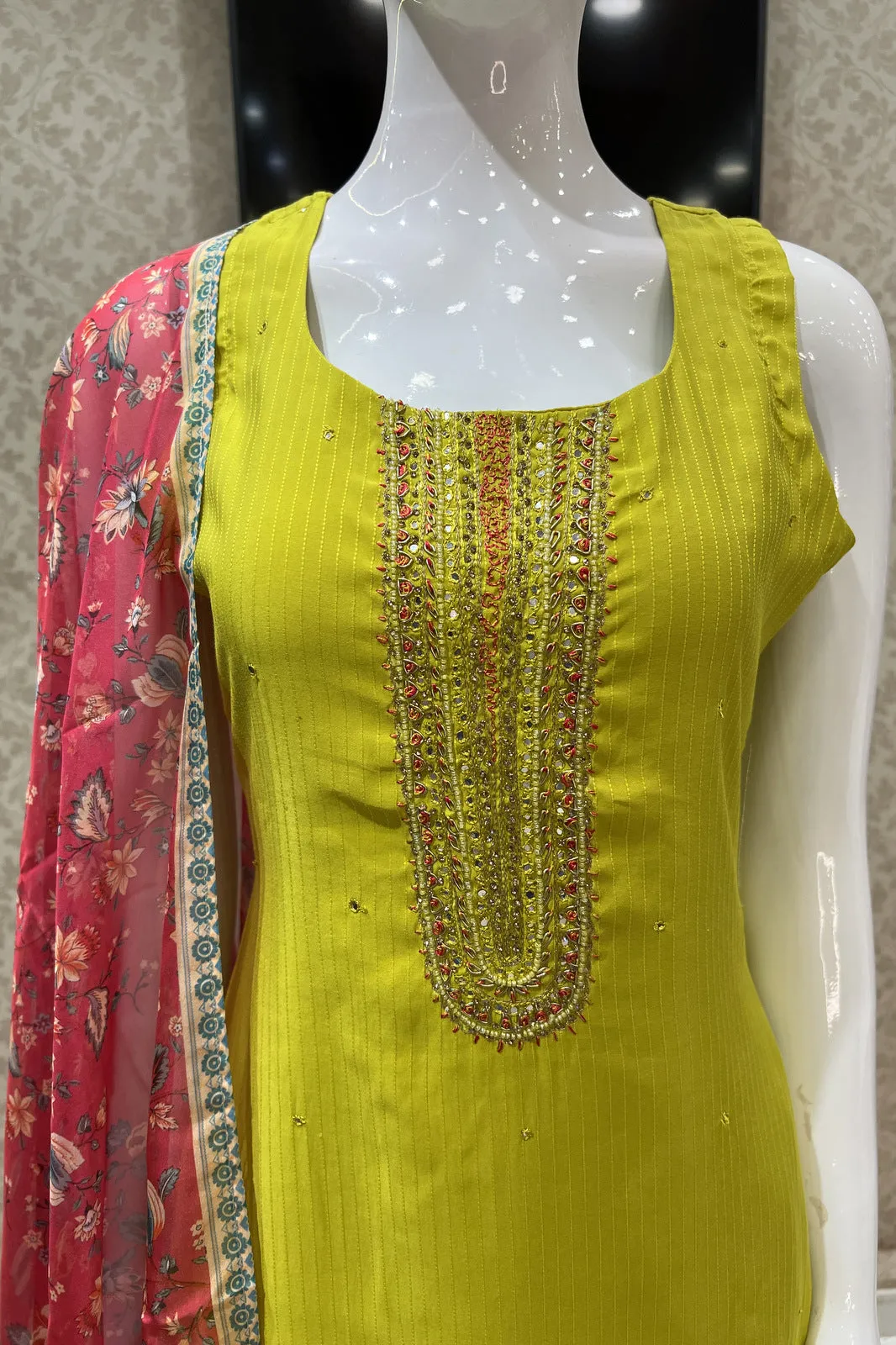 Liril Green Stone, Thread and Beads work Straight Cut Salwar Suit with Floral Print Dupatta