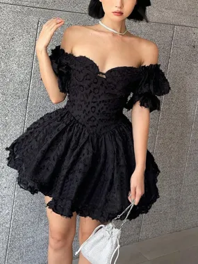 Lolita Summer Vintage High Waist Black Ball Gown Goth Aesthetic Puff Sleeve V-neck Corset Mini Dress