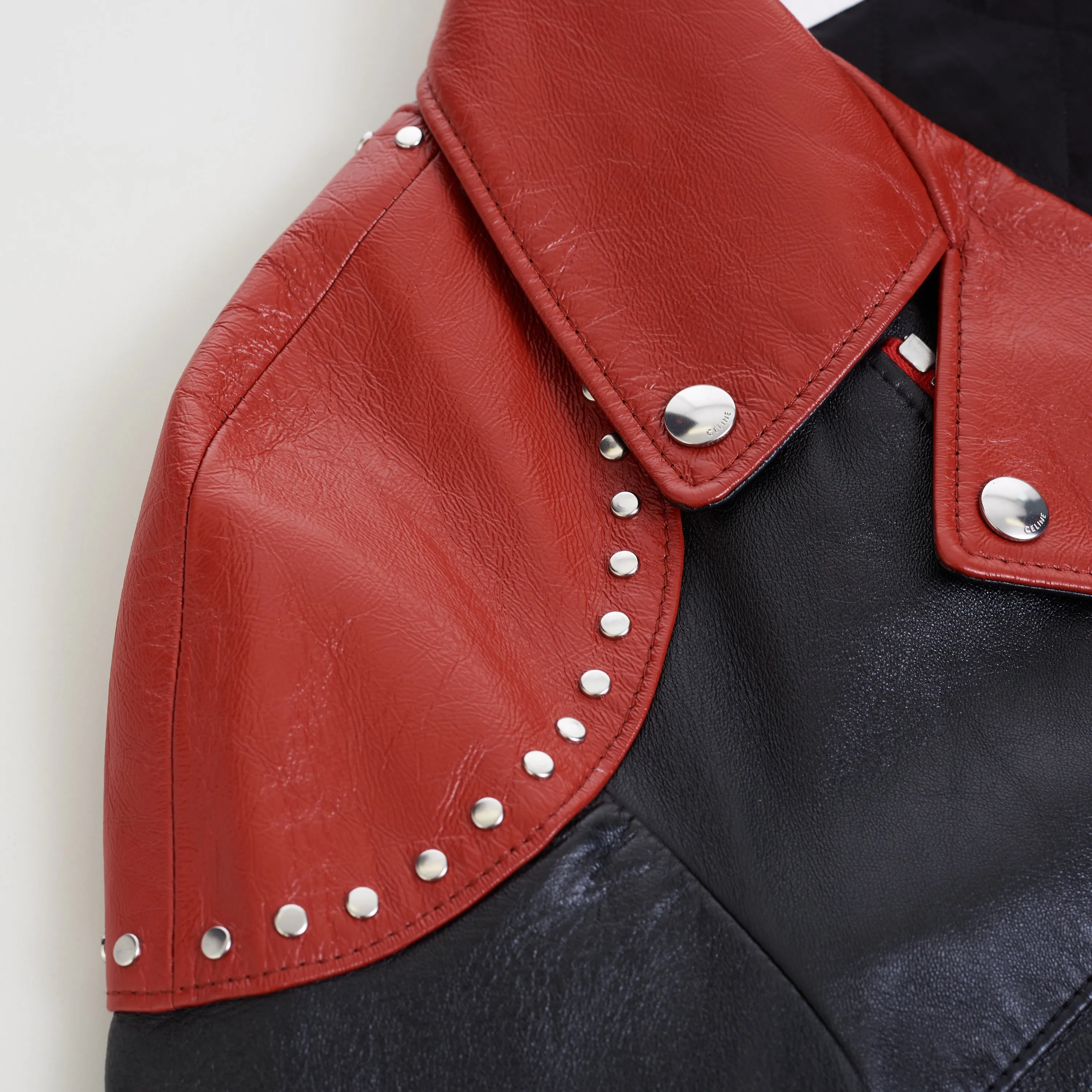 Loose Fit Studded Biker Jacket In Black & Red Soft Lambskin