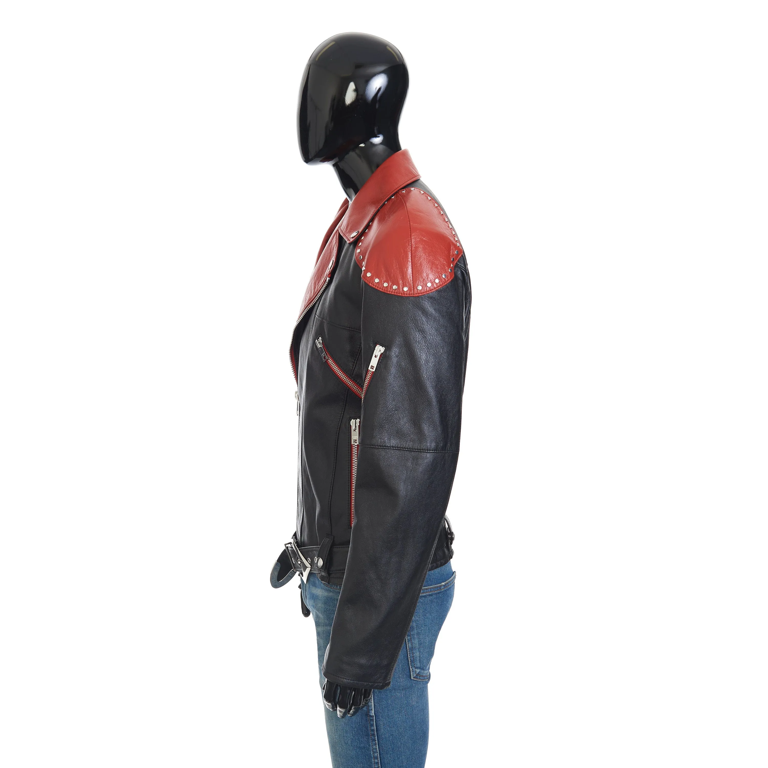 Loose Fit Studded Biker Jacket In Black & Red Soft Lambskin