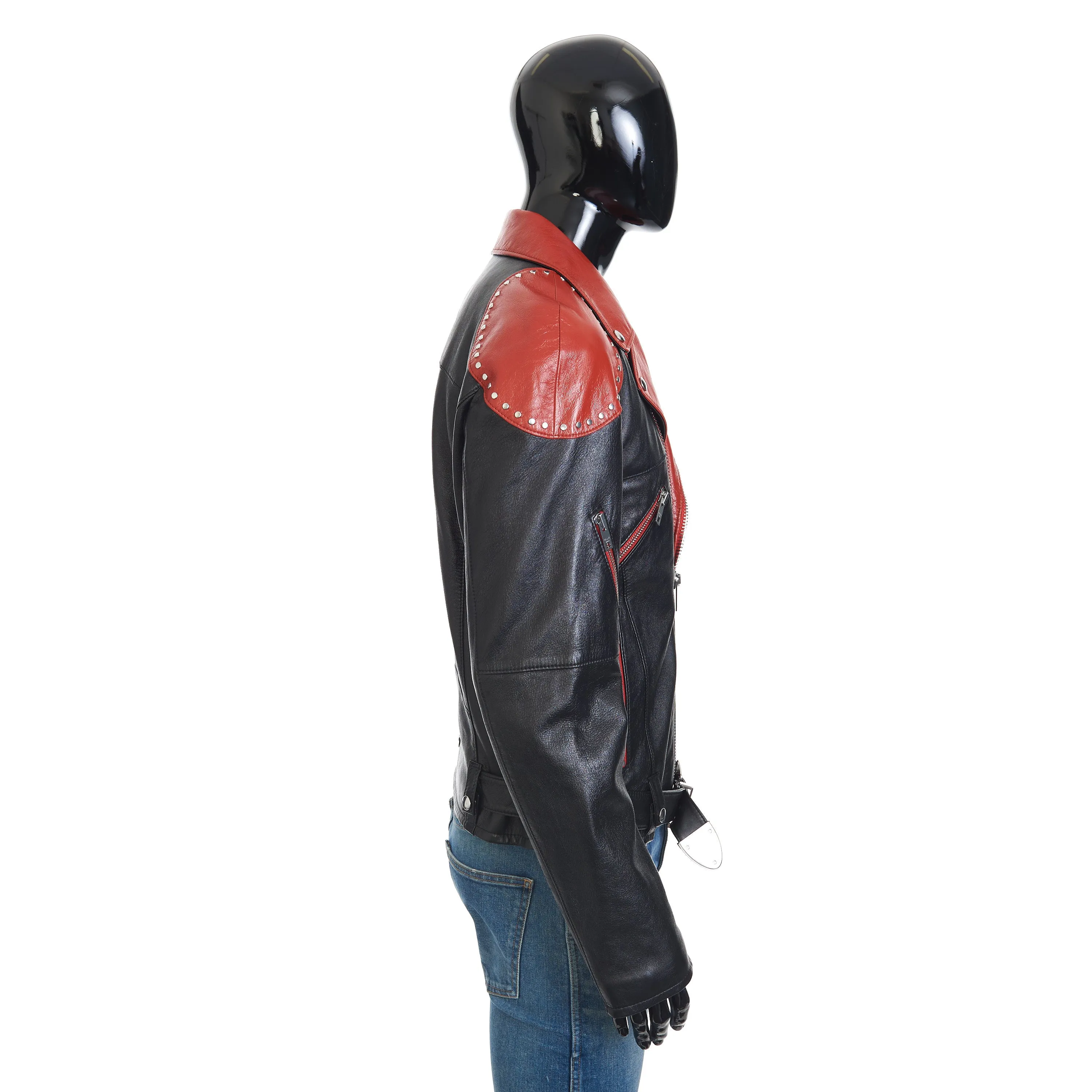 Loose Fit Studded Biker Jacket In Black & Red Soft Lambskin