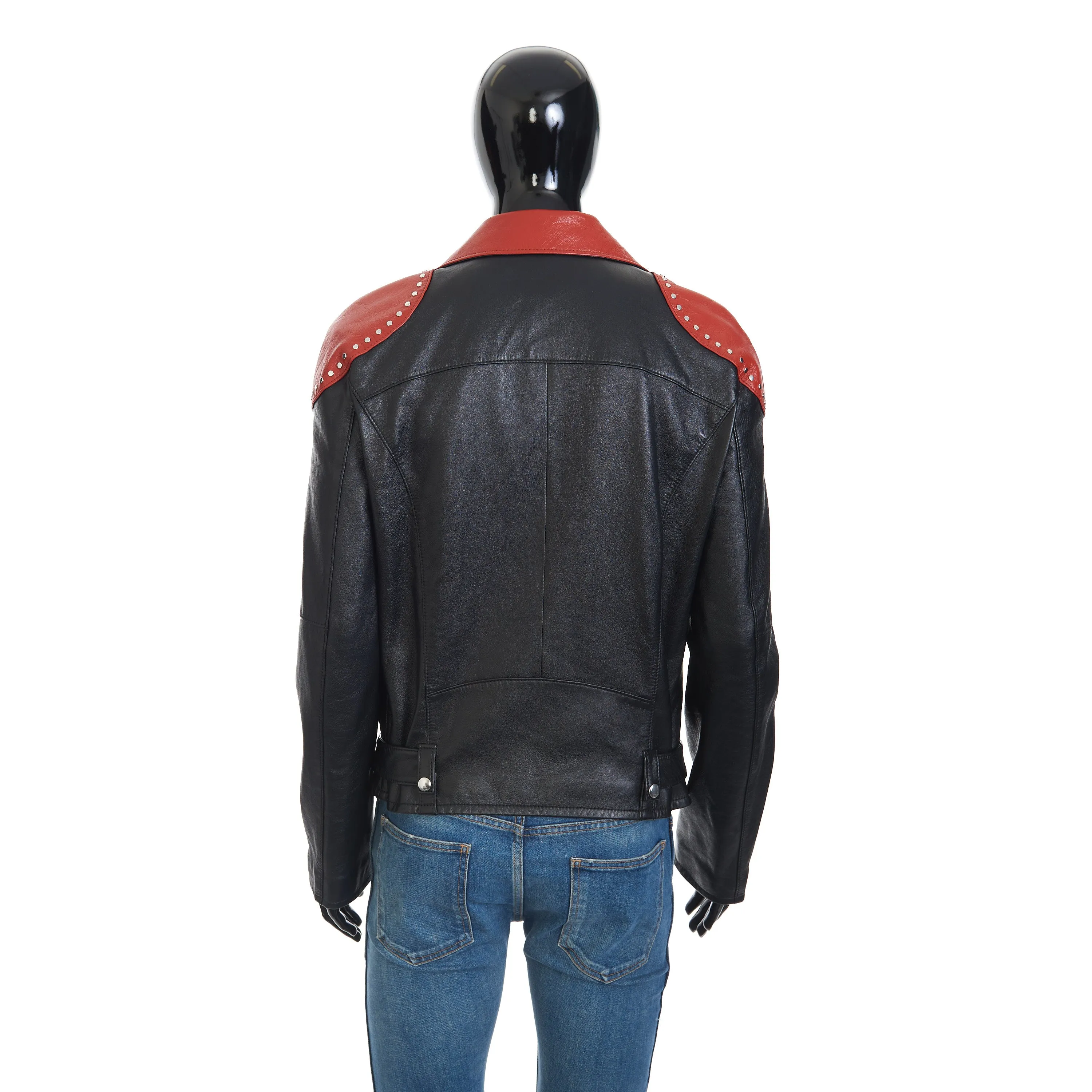 Loose Fit Studded Biker Jacket In Black & Red Soft Lambskin