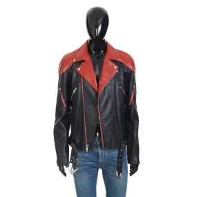 Loose Fit Studded Biker Jacket In Black & Red Soft Lambskin