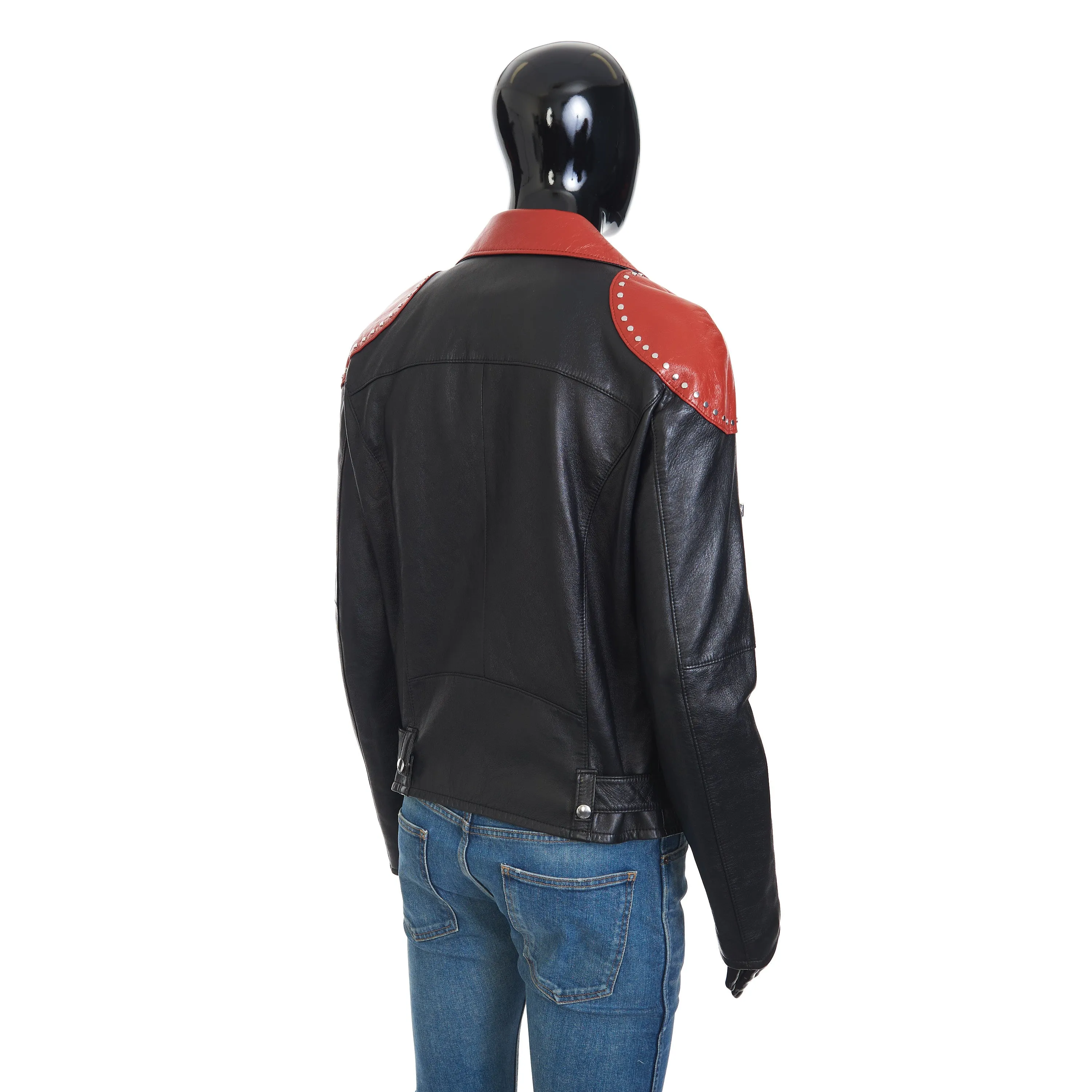 Loose Fit Studded Biker Jacket In Black & Red Soft Lambskin