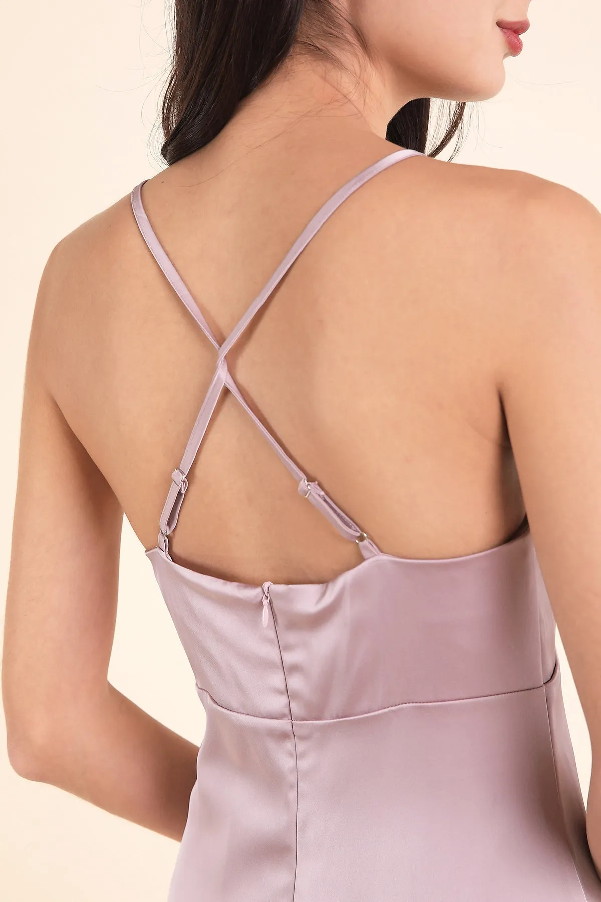 MADEBYNM BRIELLA CROSS BACK SATIN DRESS IN CHAMPAGNE LILAC