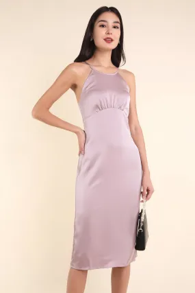 MADEBYNM BRIELLA CROSS BACK SATIN DRESS IN CHAMPAGNE LILAC