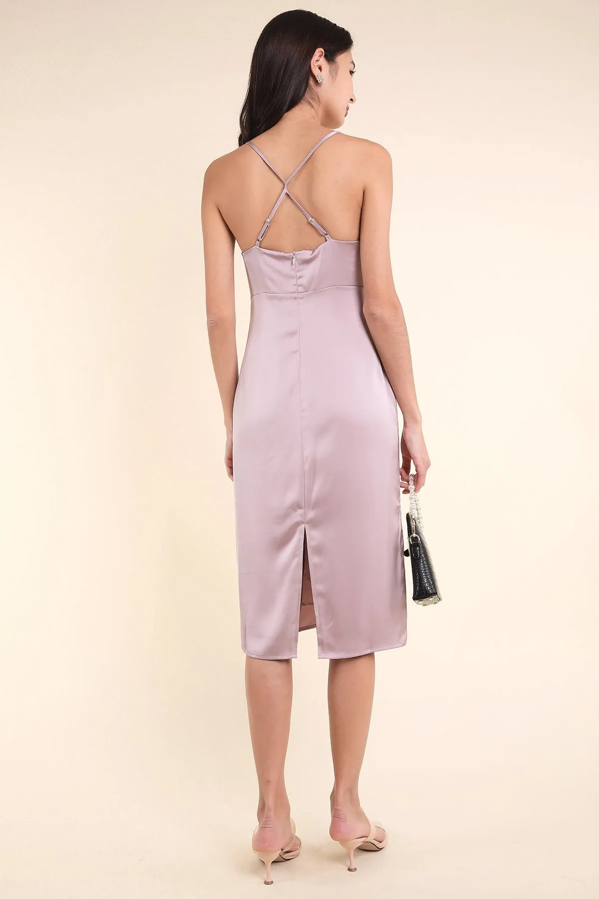 MADEBYNM BRIELLA CROSS BACK SATIN DRESS IN CHAMPAGNE LILAC