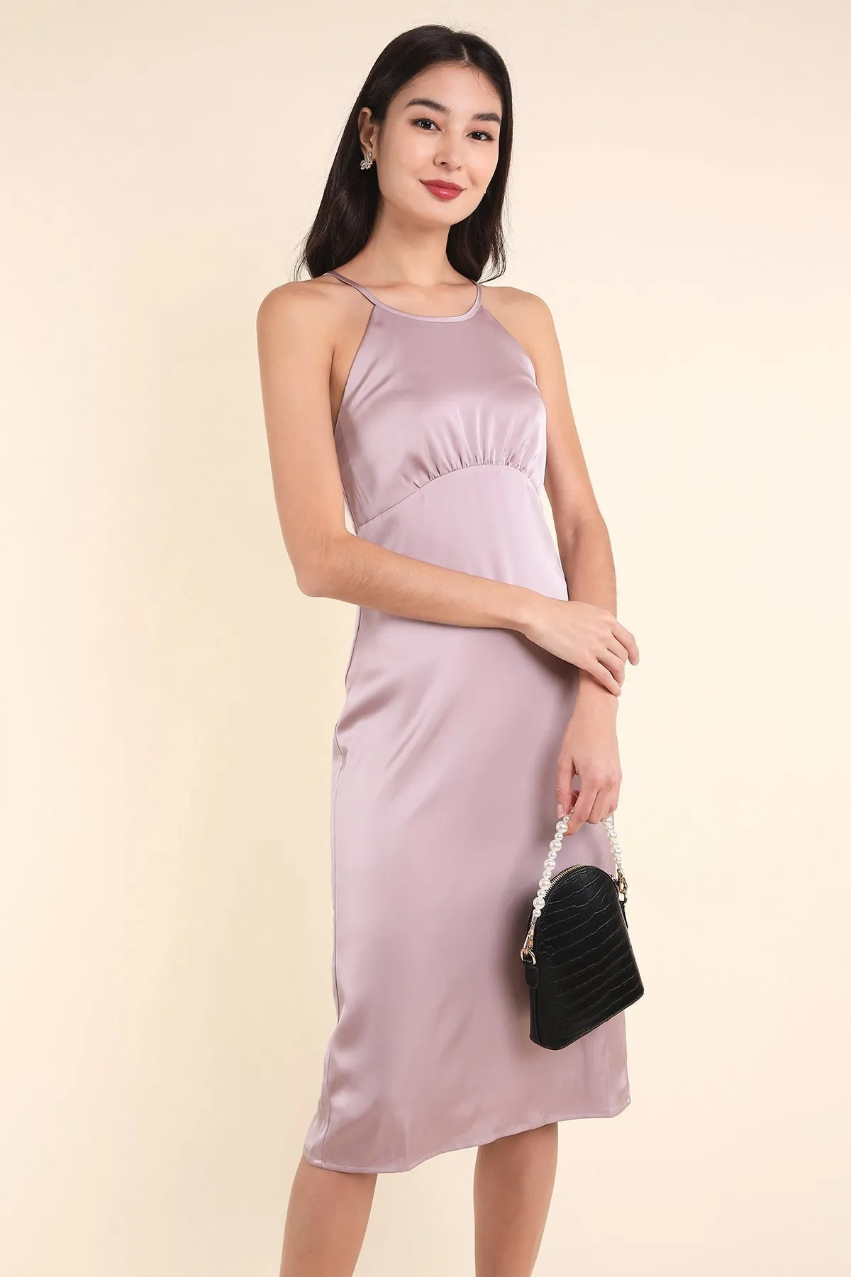 MADEBYNM BRIELLA CROSS BACK SATIN DRESS IN CHAMPAGNE LILAC