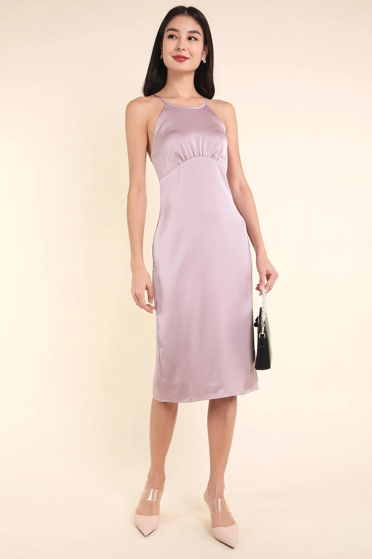 MADEBYNM BRIELLA CROSS BACK SATIN DRESS IN CHAMPAGNE LILAC