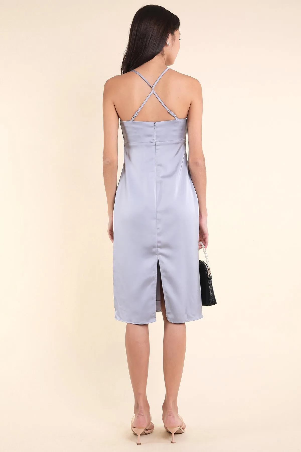 MADEBYNM BRIELLA CROSS BACK SATIN DRESS IN POWDER BLUE